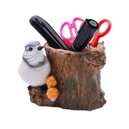 Simulated Bird Pen Holder Resin Stump Bird Stationery Pencil Stand