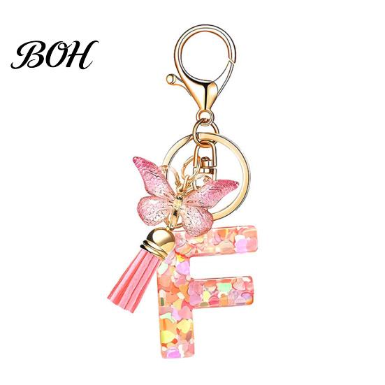 Compact Keychain Pink Series Pendant, Sequins Heart Initial Letter Charm Key Chain with Durable Butterfly Tassel Design, A-Z Holder for Bag