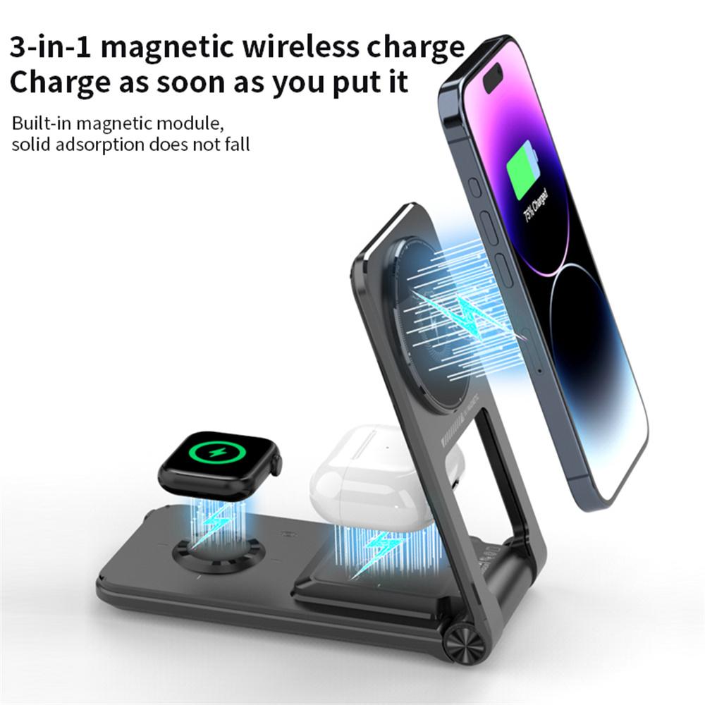 Încărcător wireless magnetic M2 pliabil 3 în 1 cu suport de telefon, cu cablu Type-C încorporat, încărcare rapidă de 15W