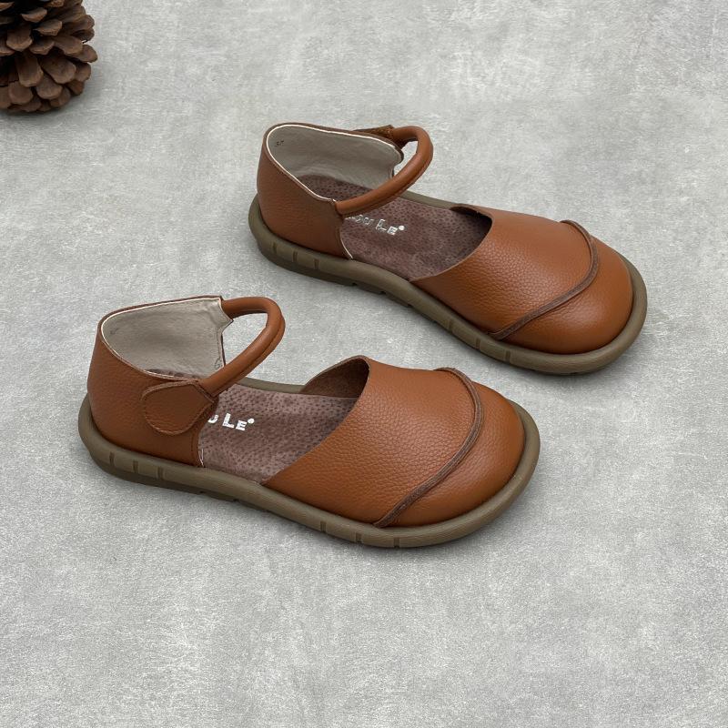 Johnature Sandálias rasteiras retrô artesanais de couro genuíno, casuais, versáteis, confortáveis, sola macia, sapatos femininos