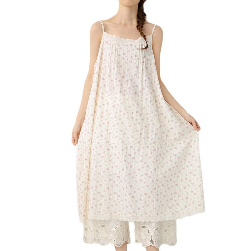 Spring/Summer 2026 Floral Print Spaghetti Strap Midi Dress - Sweet Mori Style with Lace Patchwork