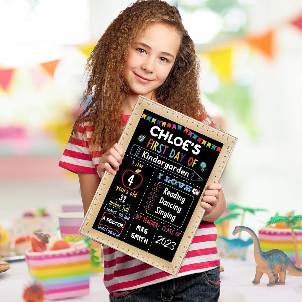 Pajean First and Last Day of School Board Sign Chalkboard with Ruler Frame Printing, Reble Back to School Board Wooden Double Sided Photo Prop, 14 x