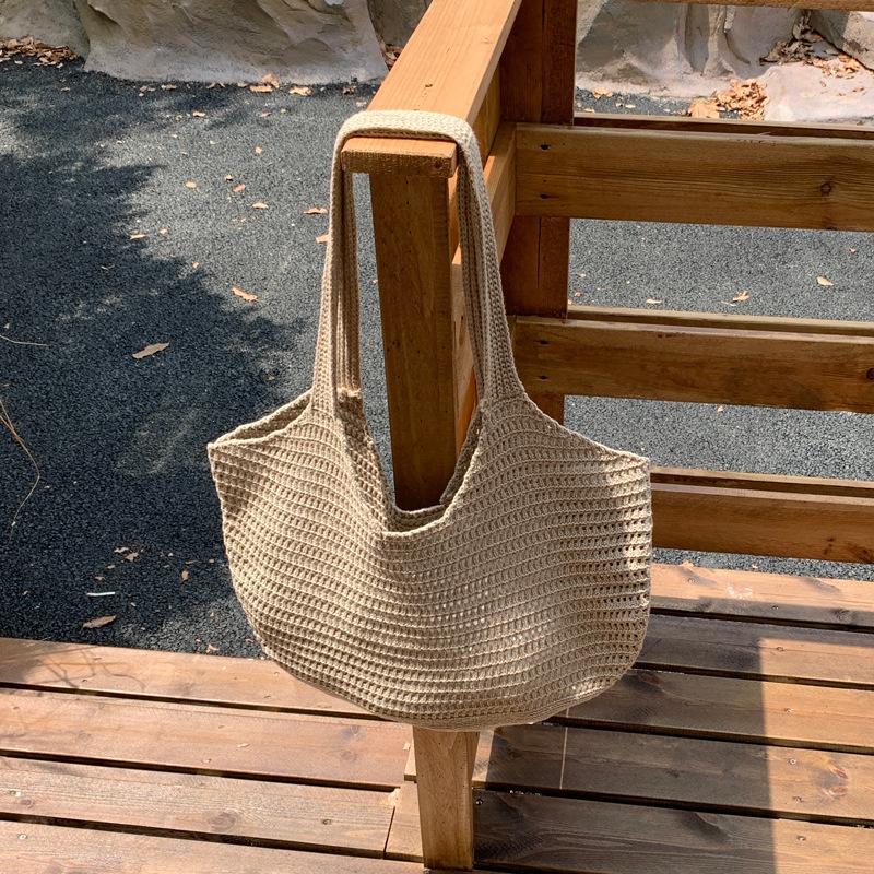 Korean Style Polyester Knit Tote Bag for Women Woven Shoulder Beach Purse
