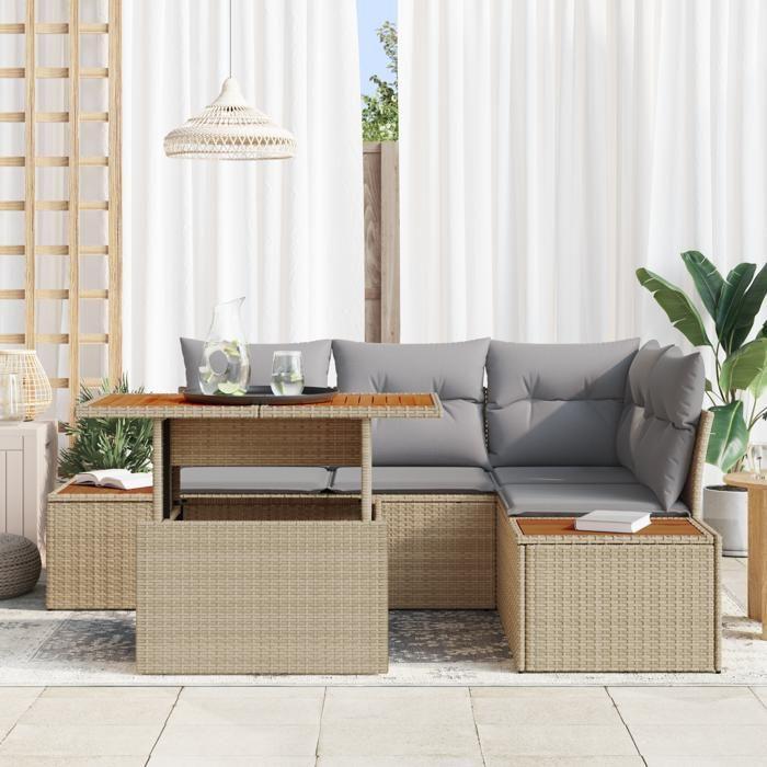 VidaXL Ensemble de salle à manger de jardin 5 pièces avec coussins Beige Poly Rattan Acacia 3350067