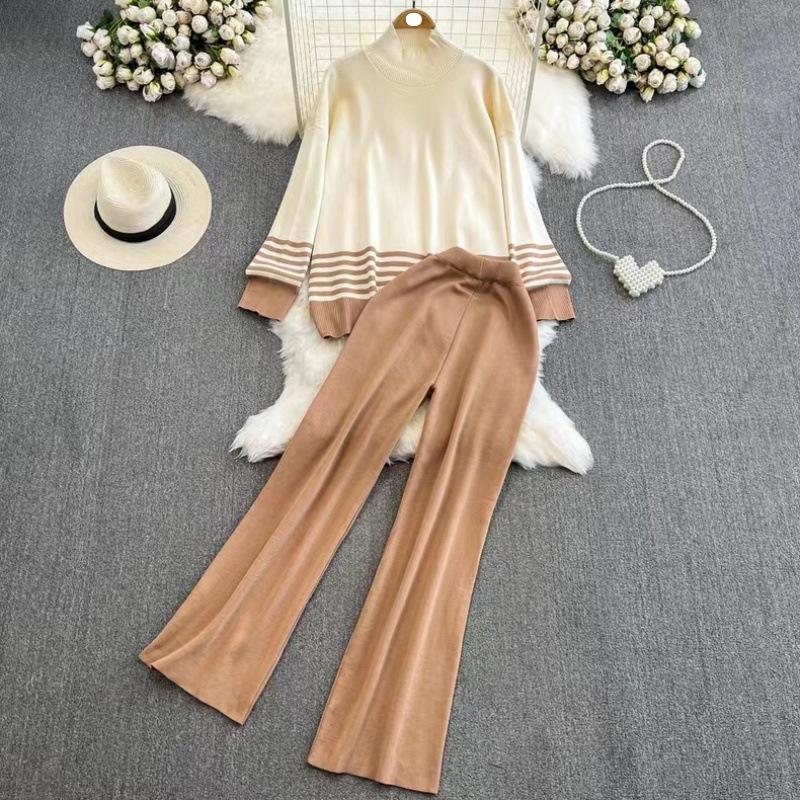 

Корейская версия повседневного модного трикотажного костюма для женщин на осень и зиму, свободная блузка с длинными рукавами контрастного цвета, тонкие широкие длинные брюки с высокой талией XS хаки