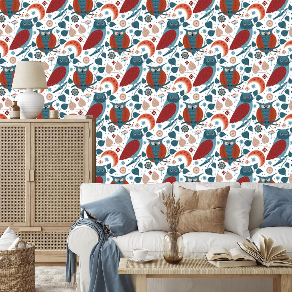 Forest Animals and Nature Wallpaper White, Turquoise and Red 50x1000