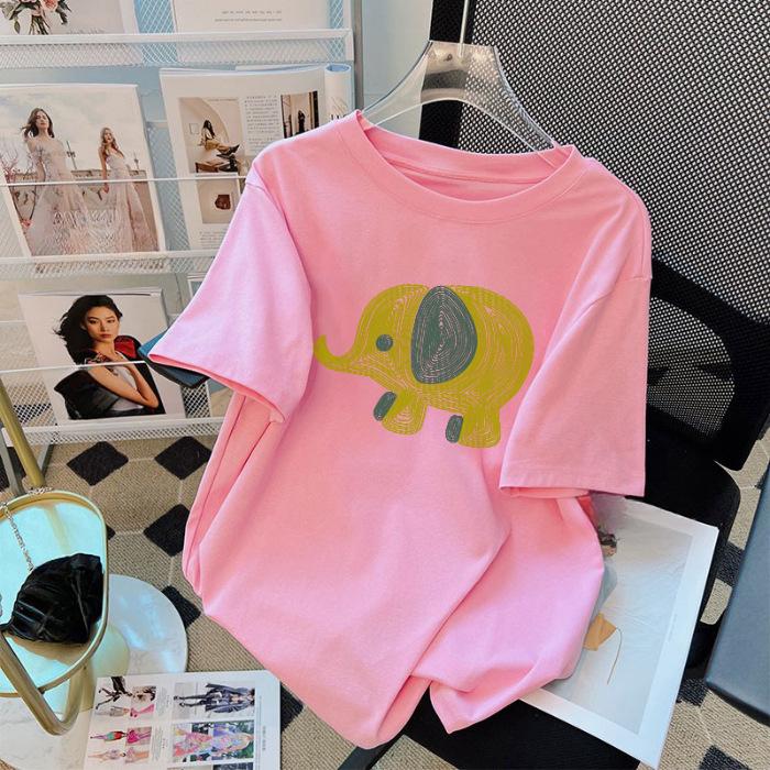 Summer Women's Loose College Style Fresh Cute Elephant Print Short Sleeve T-shirt