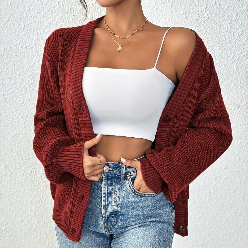 Elegant Women's Knitted Cardigan Sweater Jacket - Plain Color, Front Button, Autonomous Pattern - Spring and Autumn