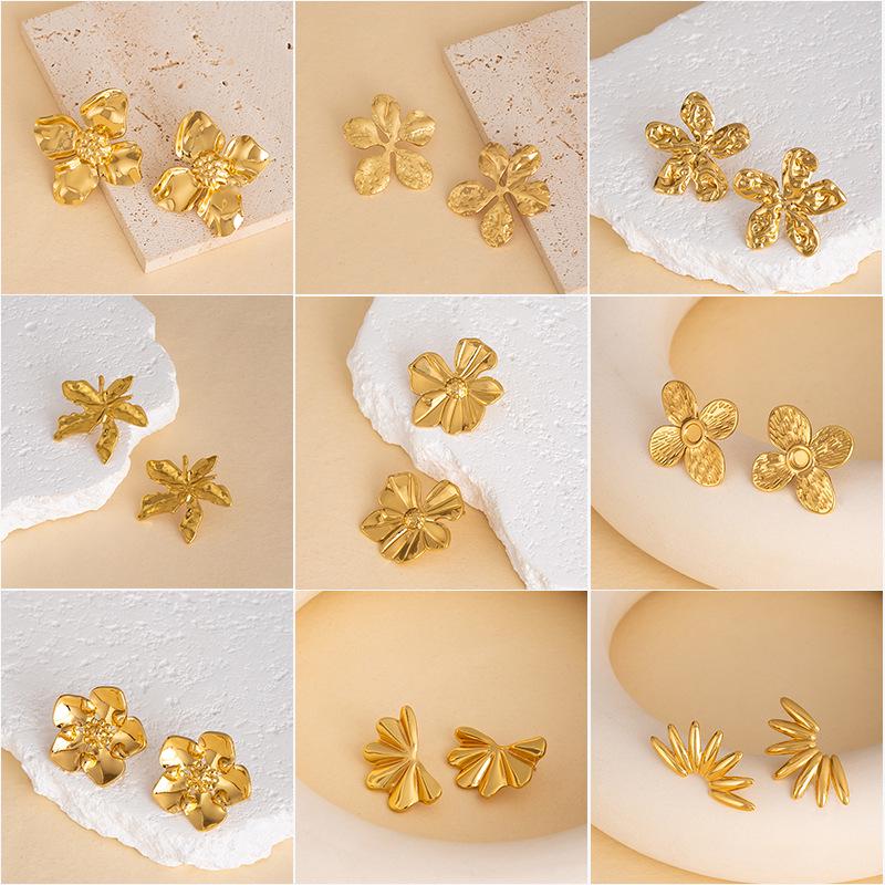 European Retro Geometric Leaf & Heart Stainless Steel Stud Earrings