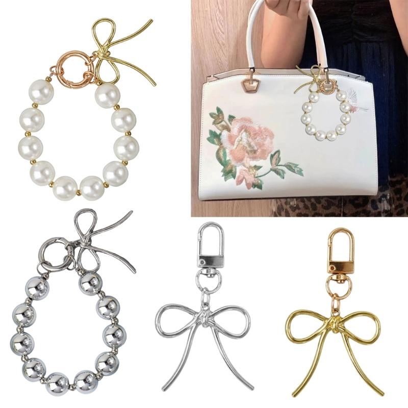Delicate Keychain with Beaded Bowknot Phone Charm Unique Keyring Bag Pendant for Car Key Wallet Backpack Purse