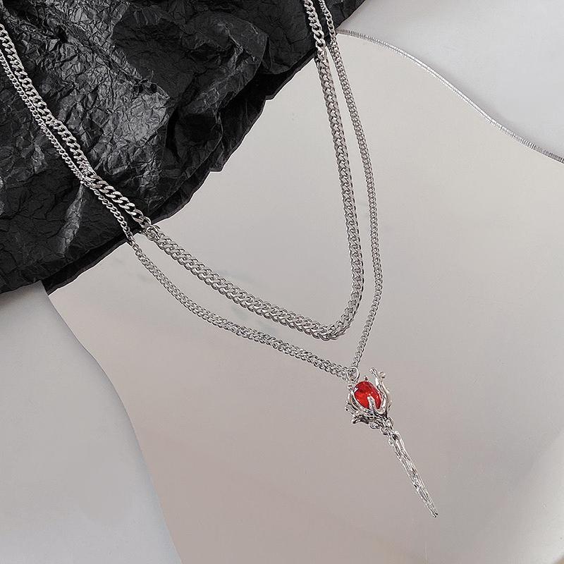 Double Layers Red Rose Pendant Necklace Layered Flower Stone Chain Necklaces Irregular Floral Girls Necklace