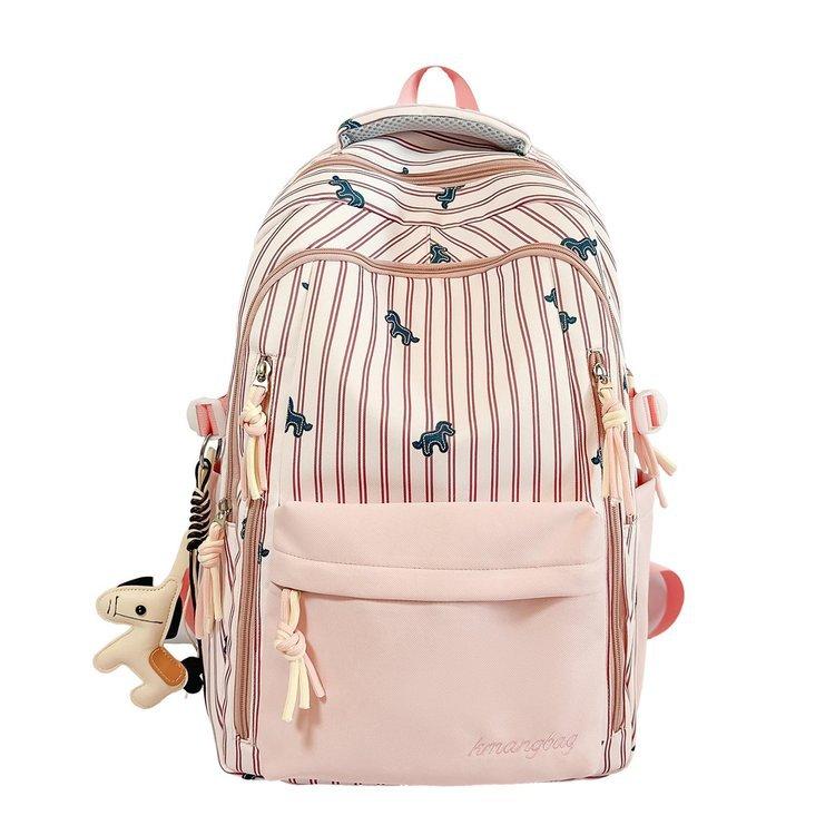 Striped Backpack with Horse Pattern and Front Pocket for School and Daily Use