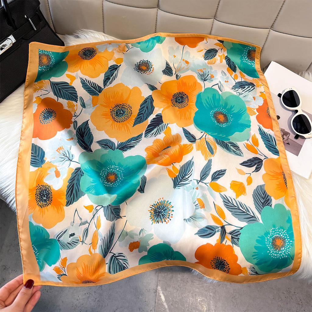Spring retro printed silk scarf women's fashionable simple contrasting color large square scarf high-end atmosphere imitation silk square scarf