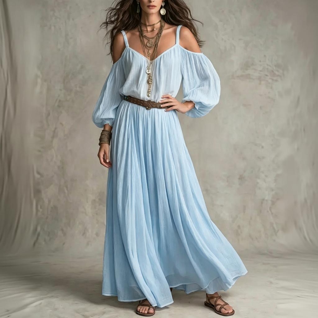 Γυναικείο Χρωματιστό Μακρύ Φόρεμα Off-Shoulder με Πτυχώσεις και Ριλάξ για Διακοπές