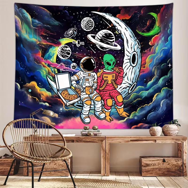 2D Space Party Backdrop Astronaut On Lunar Surface with Planets and Rocket for Birthday