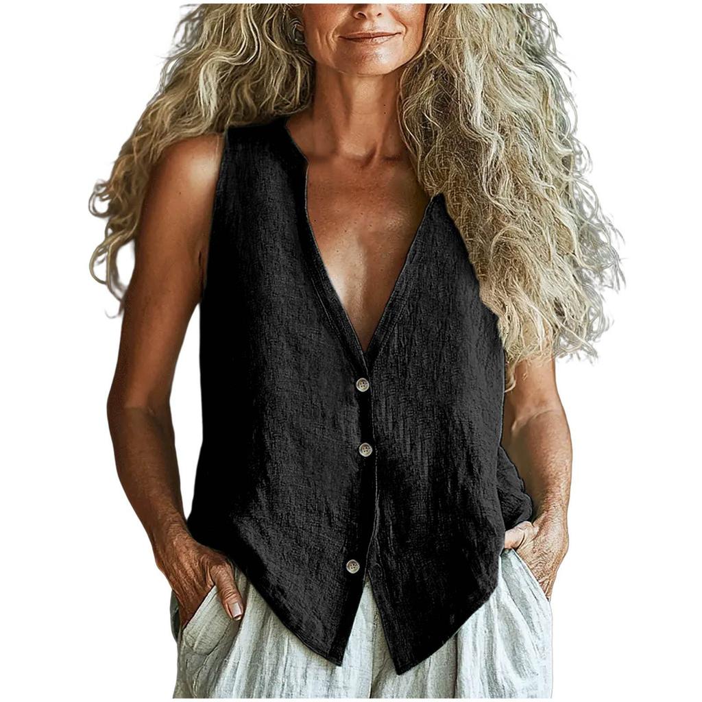 Women's Fashionable Sleeveless Solid Color V Neck  Casual Loose Vest Top