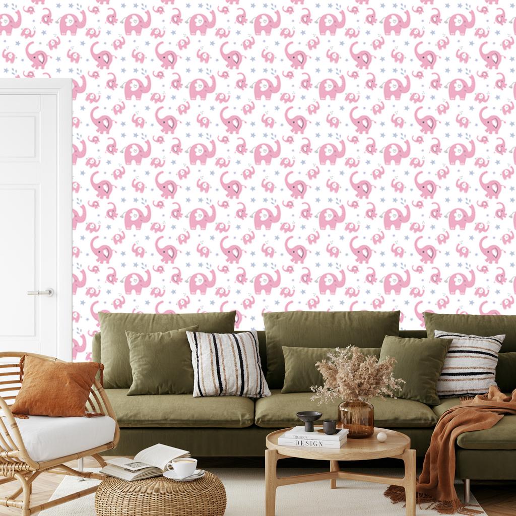 Elephants Wallpaper White, Powder Pink and Light Gray 50x1000