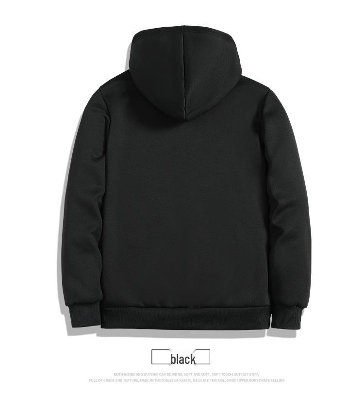 Men's Black Lambswool Thick Winter Hooded Coat with Zipper - Versatile, Loose-Fit Hoodie