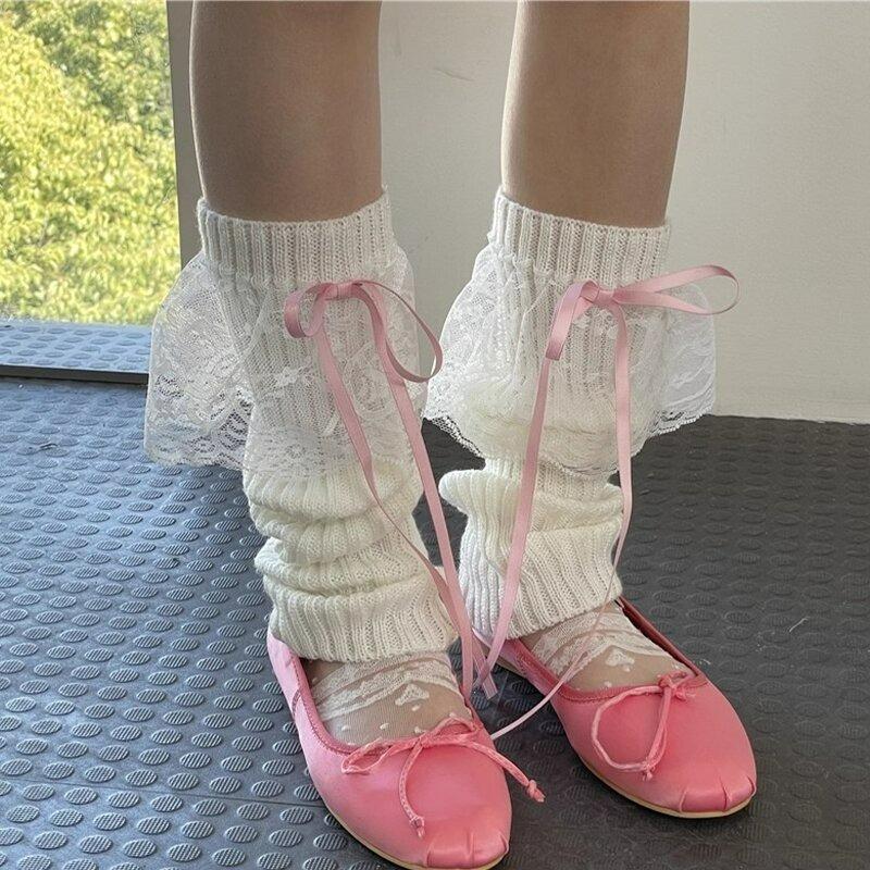 Lace Ribbon Leg Warmers for Women Autumn Winter Korean Japanese Cute Lolita Knee Warmers Socks JK Knitted Girl White Leg Warmers