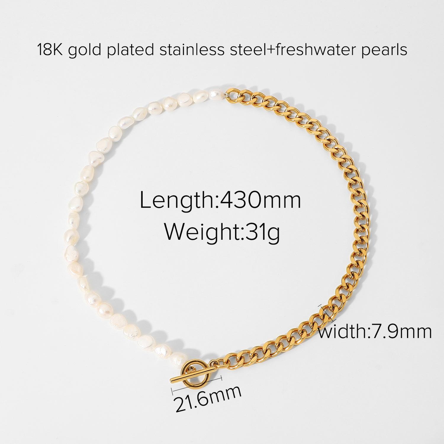 European and American classical OT buckle Cuban chain freshwater necklace pearl stainless steel half chain half pearl splicing necklace
