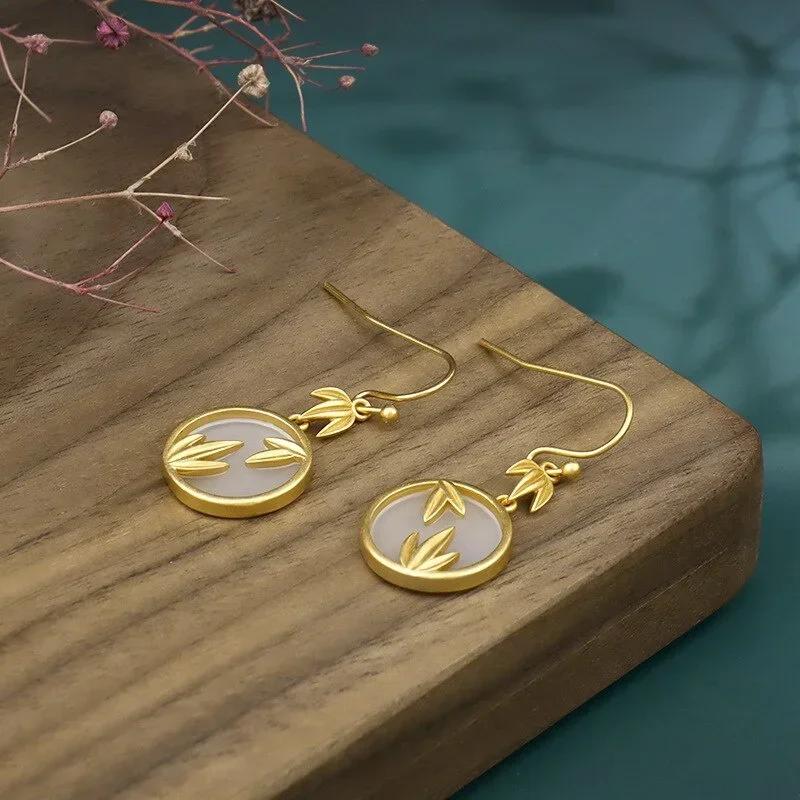Classic Palace Style Earrings Copper Gold Plated Imitation Hotan Jade Earrings China-Chic Bamboo Leaves Premium Earrings Jewelry