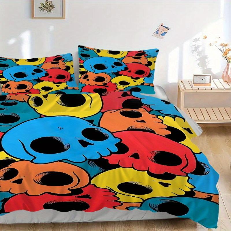 

3pcs Colorful Skulls Bedding Set, Ideal for Home Use, Suitable for Bedroom Decor (1*Duvet Cover + 1/2*Pillowcases, No Core) yy250821198 135x200cm