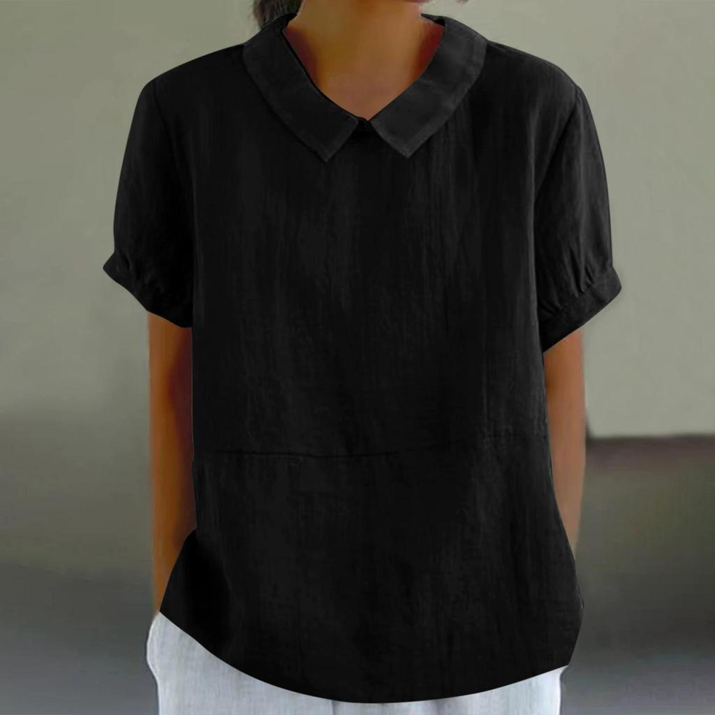 Women Summer Short Sleeve Blouse Solid Color Cotton Linen Lapel Pullover Shirt Female Comfortable Casual Simple Style Tops
