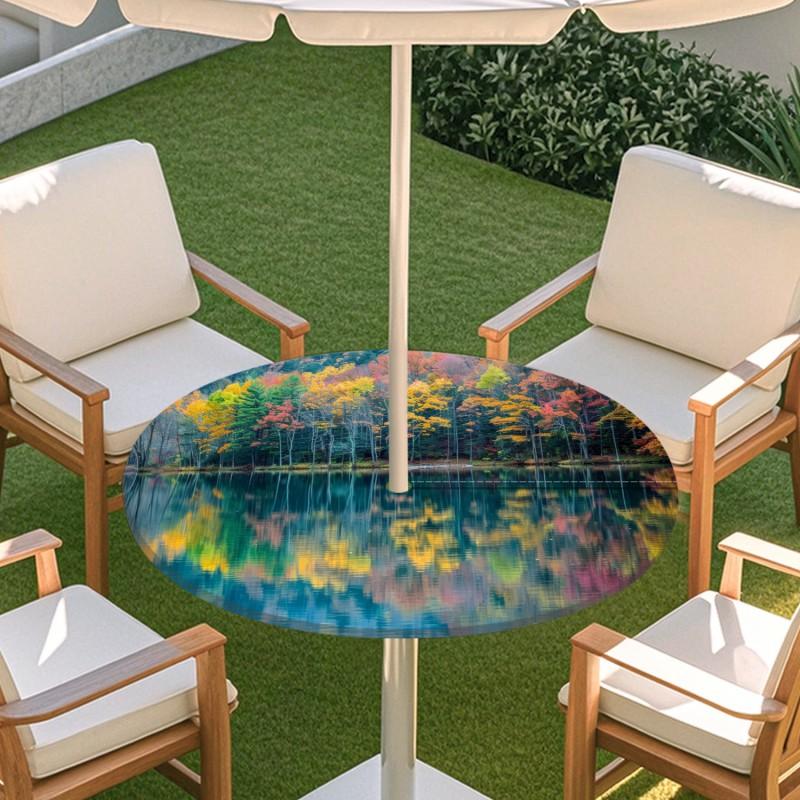 Outdoor Round Table Cover With Nature Print Waterproof Elastic Hem Patio Garden Deck