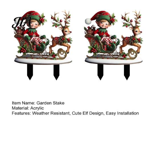 Christmas Garden Display Elf Stake, Reindeer Sleigh Acrylic Yard Art Decorative Flowerbed Stakes Waterproof Xmas Outdoor Ornament for Holiday