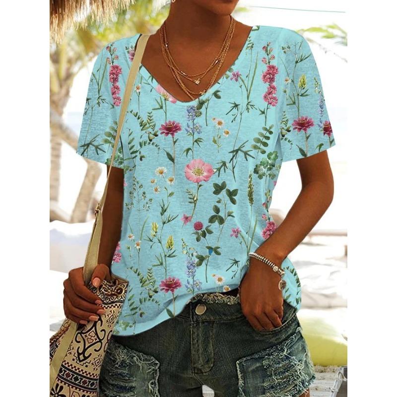 Summer Scenery Flowers Plants 3D Printed Short Sleeved T-shirt Women's Loose Short Sleeved Top V-neck T-shirt