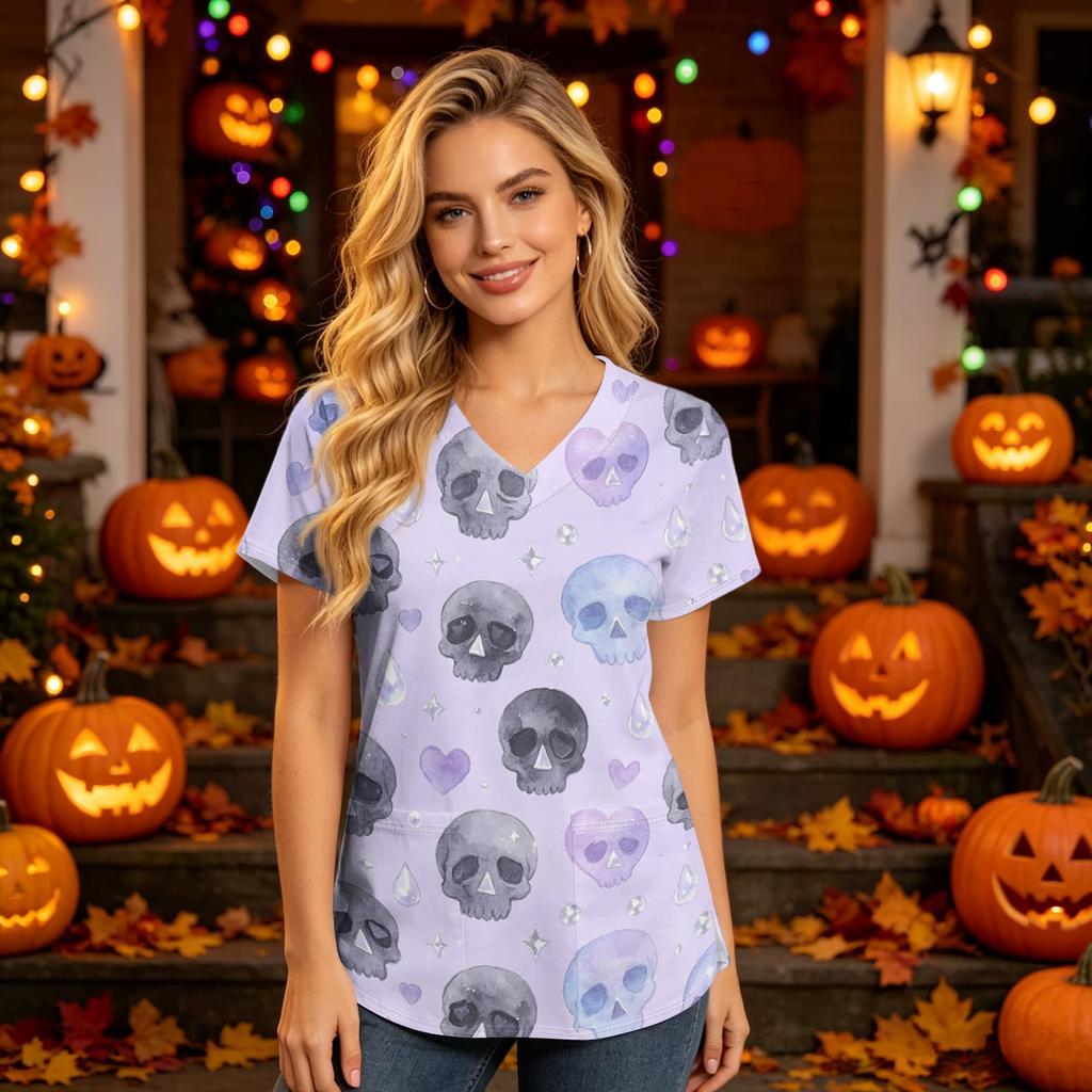 Damen V-Ausschnitt Kurzarm Kasack mit Taschen Halloween-Print Pflegekraft Uniform