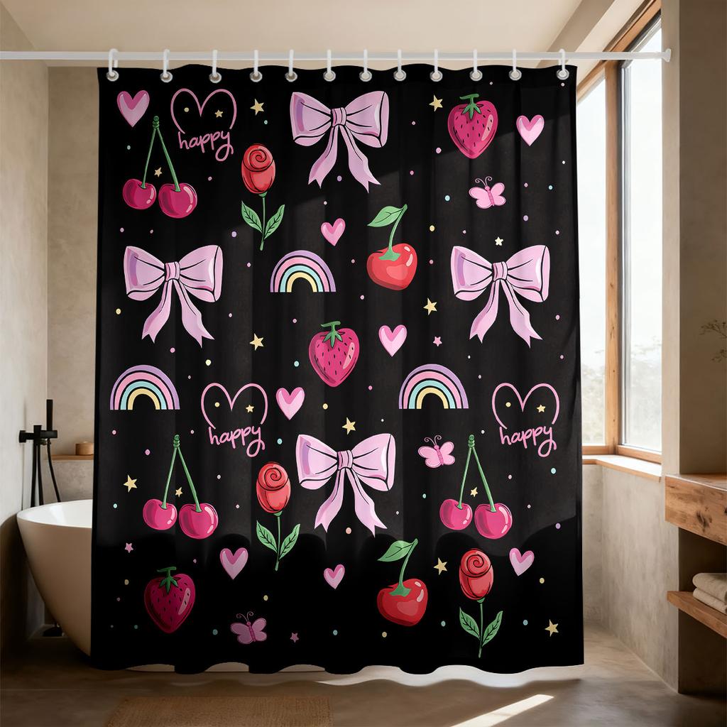 1 Piece Pink Cherry Bow Printed Waterproof Bathroom Partition Privacy Shower Curtain, 12 Hooks, Multiple Sizes, Machine Washable
