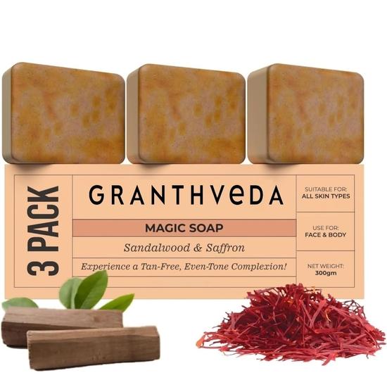 

Мыло Ghar Magic с сандалом и шафраном для ванны (Пакет из 3) | Без парабенов | Сандал | Осветляющее кожу домашнее мыло для мужчин и женщин по 100 грамм каждое