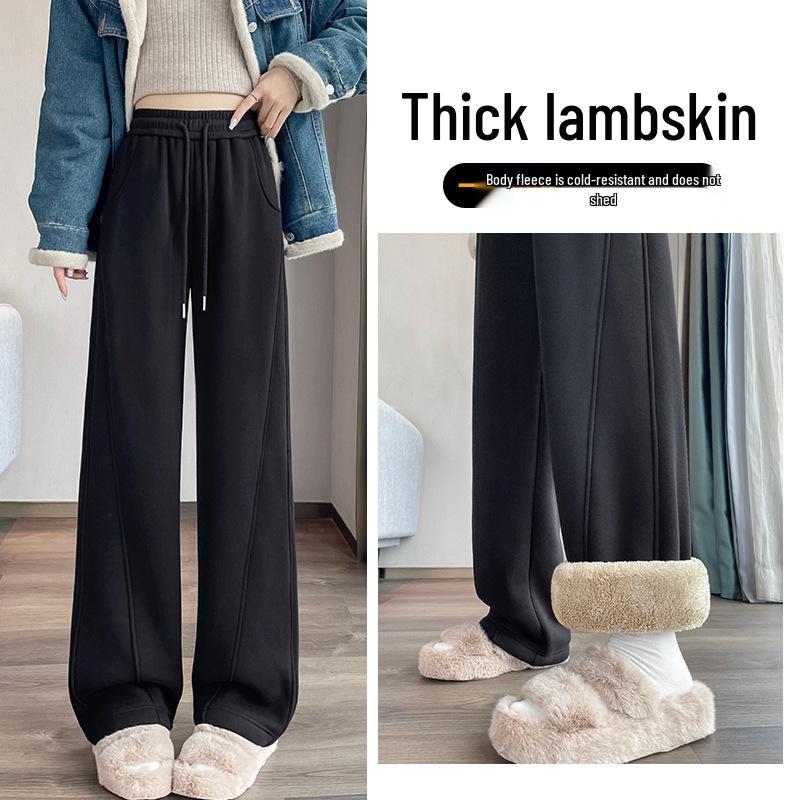 Women's Fleece-Lined Wide-Leg Pants - Autumn/Winter 2024 Lamb's Wool Straight-Leg Sportswear