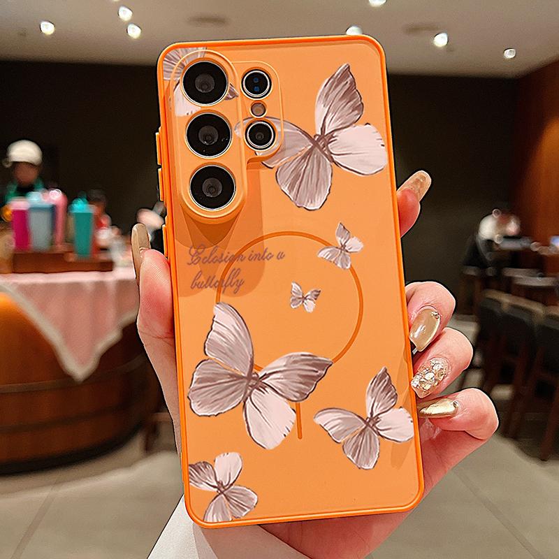 

Bowknots Butterfly Pattern Case For Samsung Galaxy S26 Ultra S25 Edge S24 Plus S23 FE S22 A54 A55 A56 5G Magnetic For Magsafe Matte Cover Samsung S25 FE оранжевый