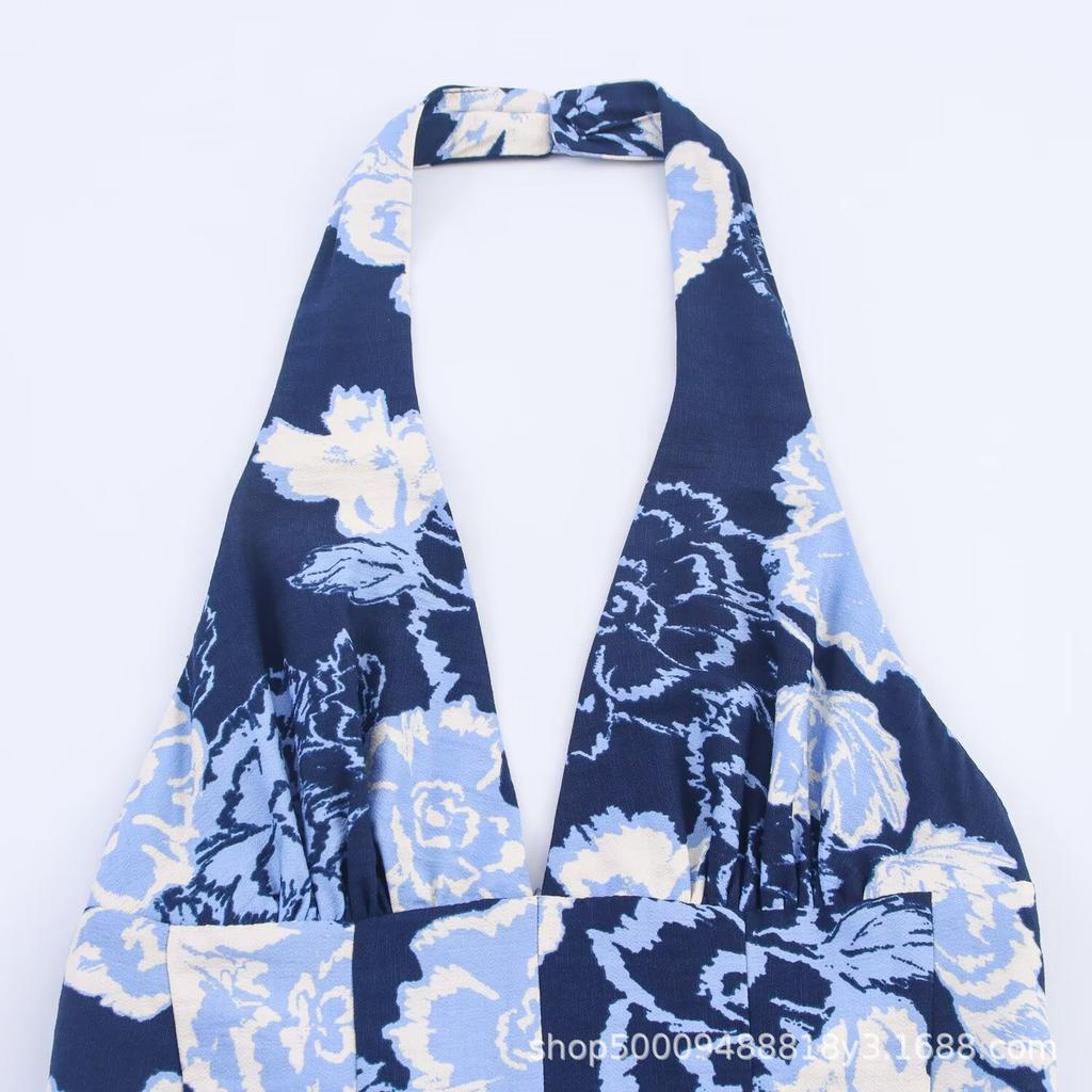 Women's New European and American Style Printing Neck Collar Midi Dress