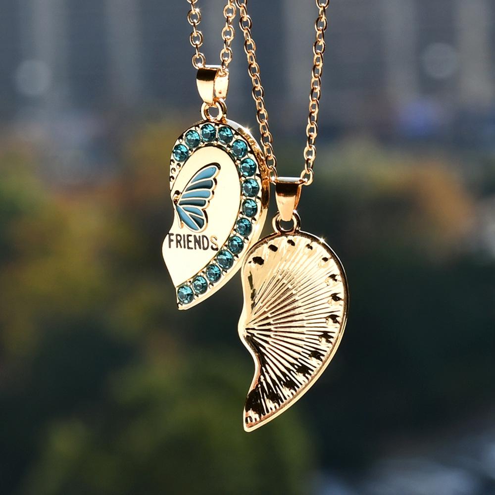 Elegant Heart-Shaped Gold Butterfly Pendant Necklace with Colorful Diamonds - Perfect Valentine's Day Gift for Women