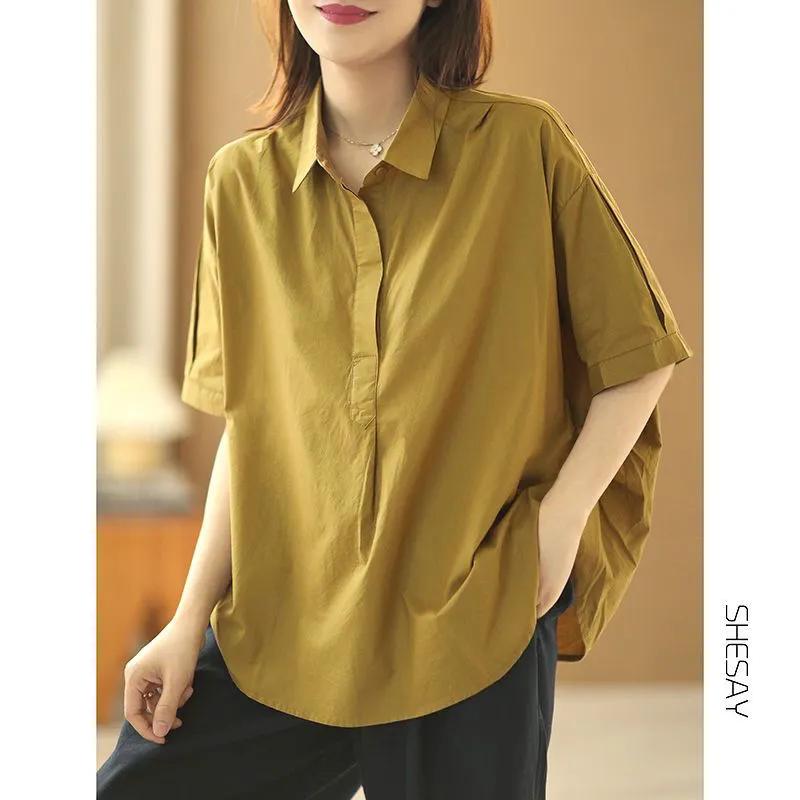 Reine Baumwolle Locker Lässige Schneiderei Einfarbig Lässig Vielseitig Kurzärmliges Hemd Damen Sommer Neu