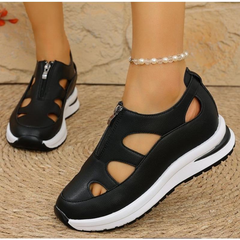 Low Sandals Woman Leather Shoes 2025 Summer Clogs Wedge Breathable Suit Female Beige Large Size Muffins Shoe Low-heeled Fashion