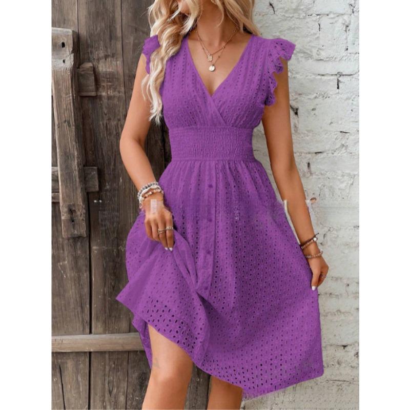 Rochie Elegantă Subțire cu Mâneci Volanate, Decolteu V, Dantelă, Femei, Talie Subțire, Casual, Decupată, Largă, Petrecere, A-line, Îmbrăcăminte Dulce pentru Femei