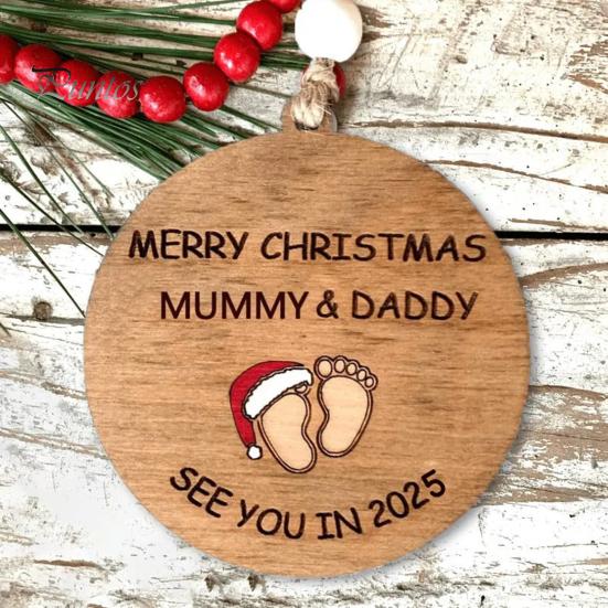 Weihnachtsschmuck „See You in 2025“ aus Holz, Baby-Fußabdruck-Dekoration, Weihnachtsbaum-Anhänger zum Aufhängen für neue Eltern