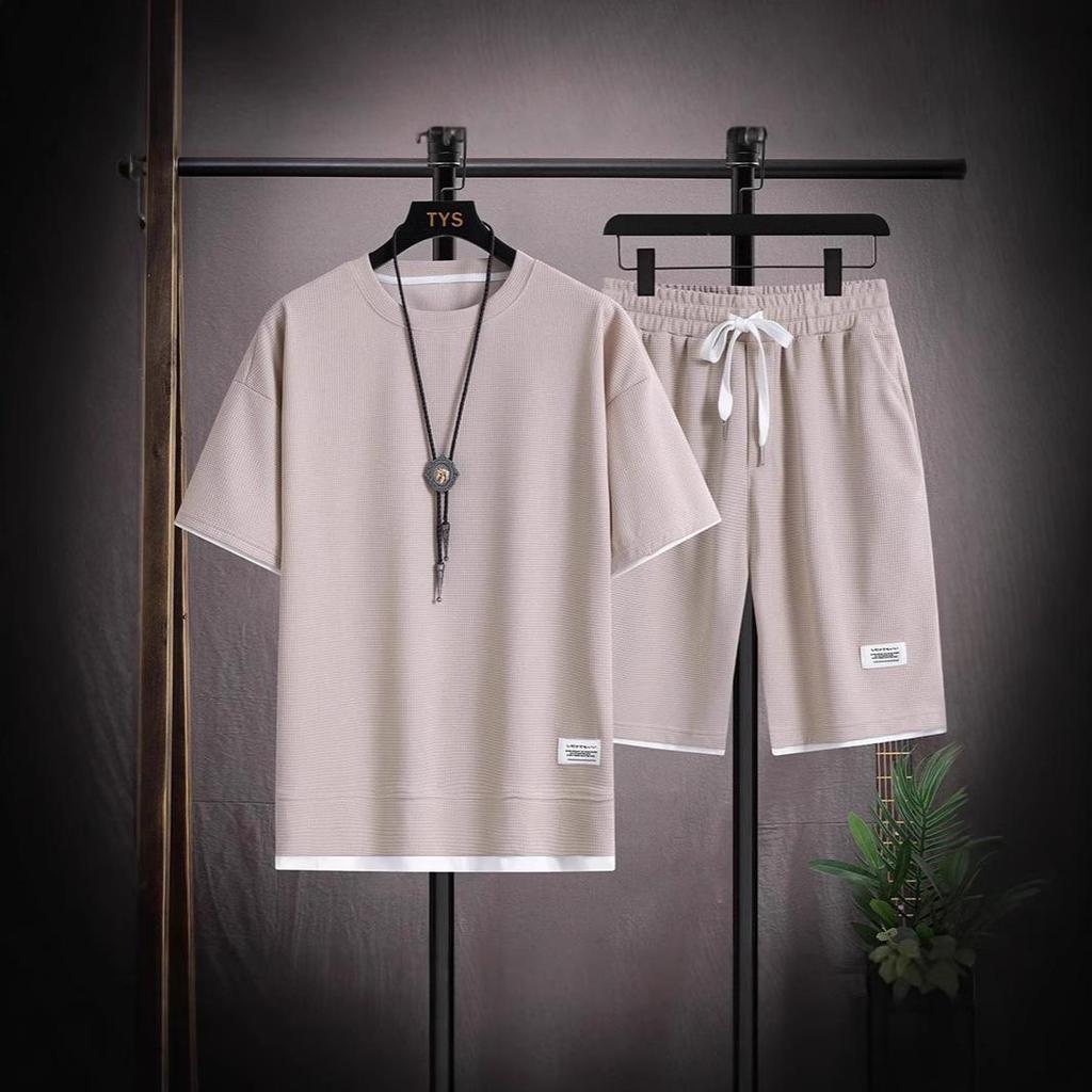 Men's Trendy Summer Waffle T-Shirt & Shorts Set - Loose Fit, Plus Size, Thin Short Sleeves