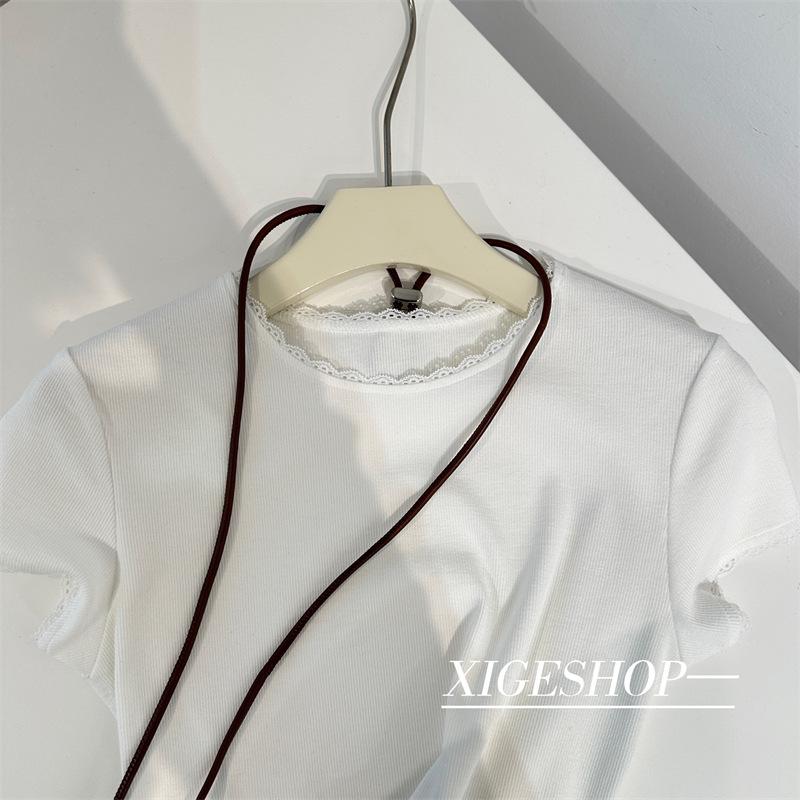 

Navy Blue Lace Trim Slim Fit Korean Style Ribbed Stretch Tee, Straight Shoulder Summer T-Shirt Large білий