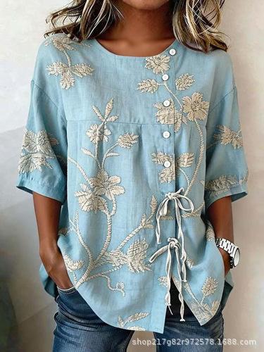 European and American summer new women's tops, shirts, geometric printing buttons, drawstrings, half-sleeved tops, T-shirts, women's clothing