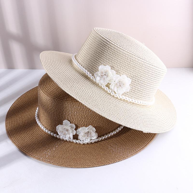 Summer Shade Face Shade Sun Hat Pearl Flower Hepburn Wind Beach Holiday Flat Top Straw Top Hat