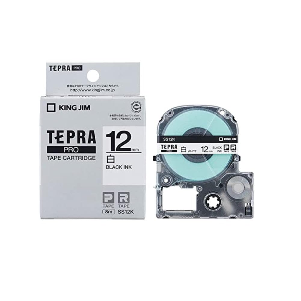 

Genuine King Jim Tepra PRO Tape White 8m SS12K Cartridge, 12mm, Label/Black Text, Length,