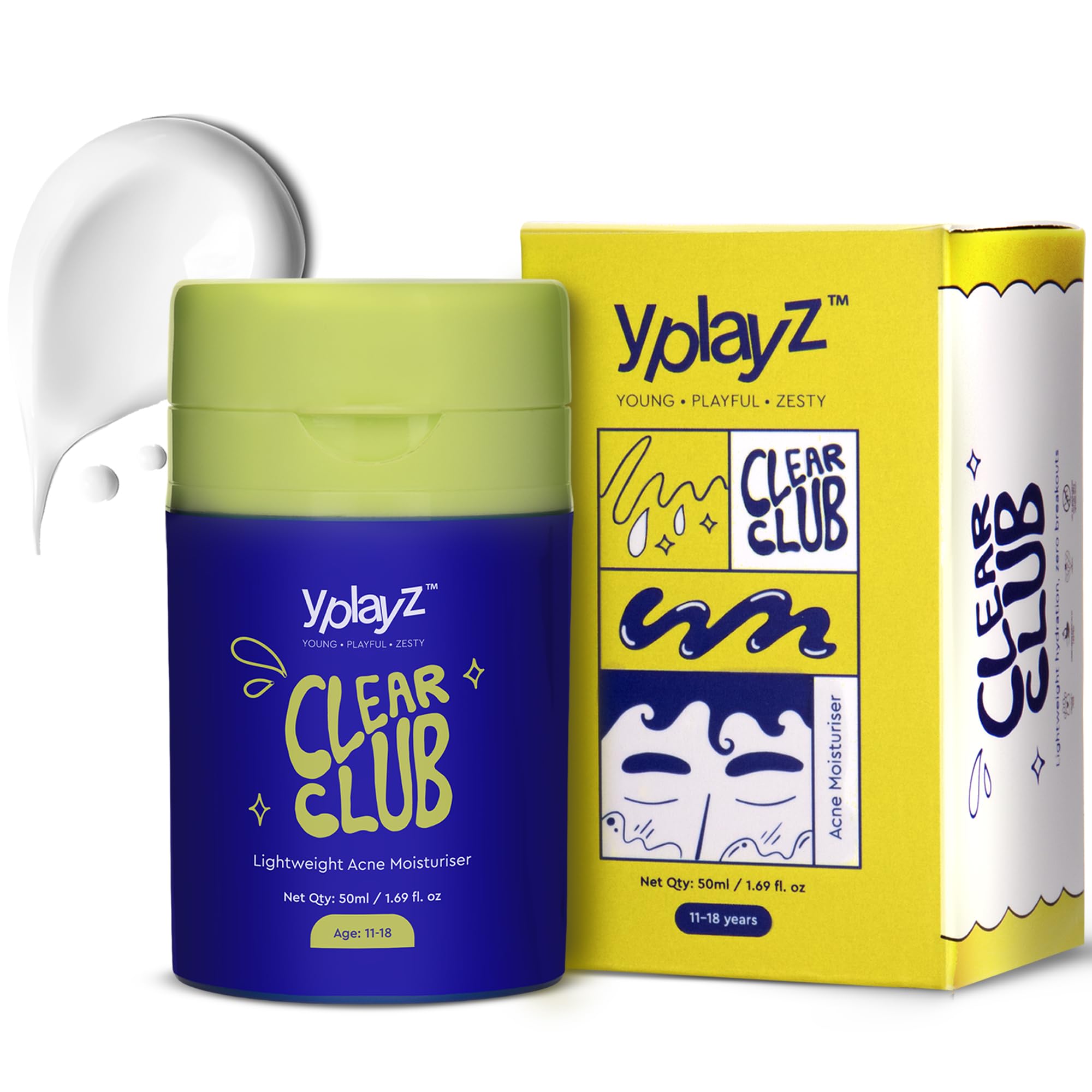 YPlayZ Clear Club Acne Moisturizer Cream for Kids & Teens (11+ Years) 50ml | Pimple Cream for Acne-Prone Skin | Oil Control, Non-Comedogenic Face C