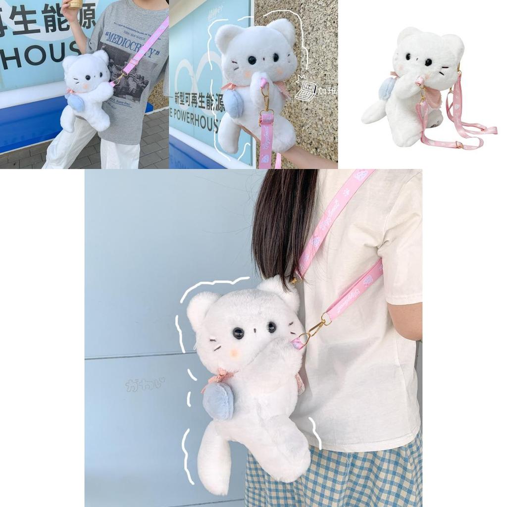 Cute Scarf White Cat Plush Doll Cartoon Shoulder Bag With Detachable Strap For Daily Use
