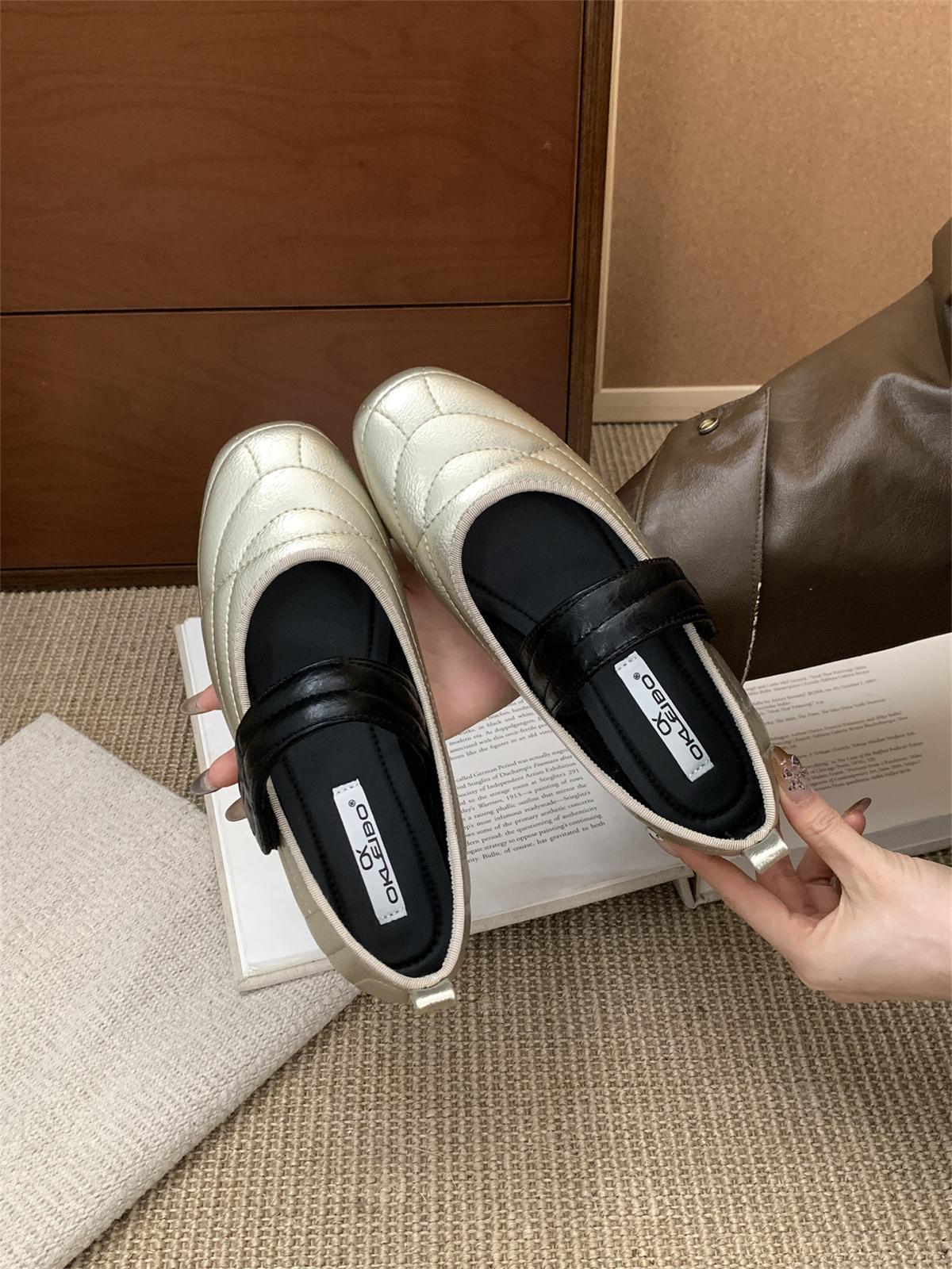 

2025 new French retro one-word with ballet shoes women s color matching Mary Jane light mouth round head color matching shoes 39 золотий