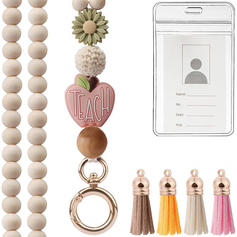 

Учительский ланьярд с держателем для ID, Деревянный ланьярд с бусинами для ключей, Супер милый бохо ланьярд с отрывной застежкой для женщин